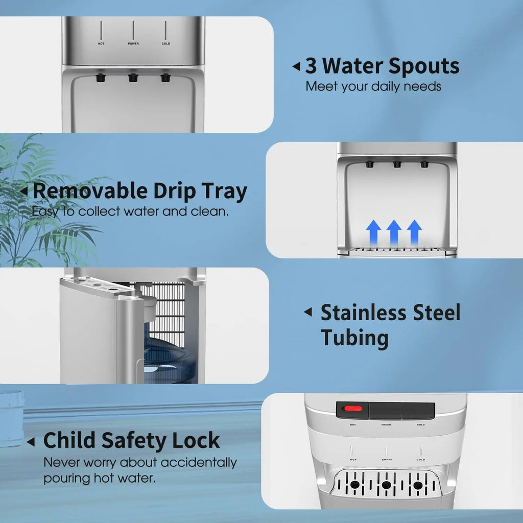 Self-Cleaning Water Cooler Dispenser Bottom Load for 3-5 Gallon Bottle with Safety Lock LED Display Light，Silver