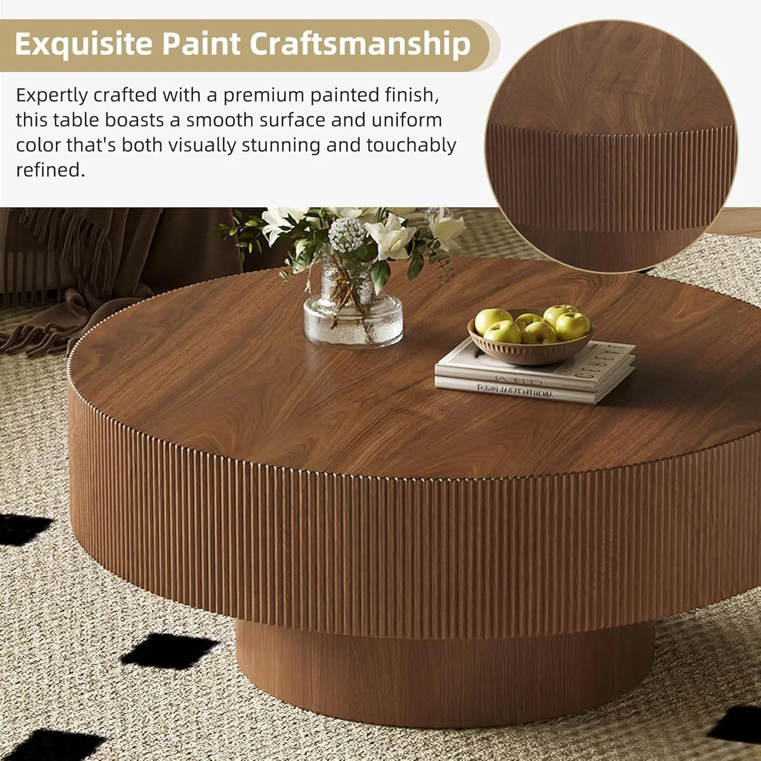35.4 Inch Round Large Coffee Table with Sturdy Base, Wood Minimalist Fluted Center Table for Living Room Reception Room, Easy Assemble, Walnut