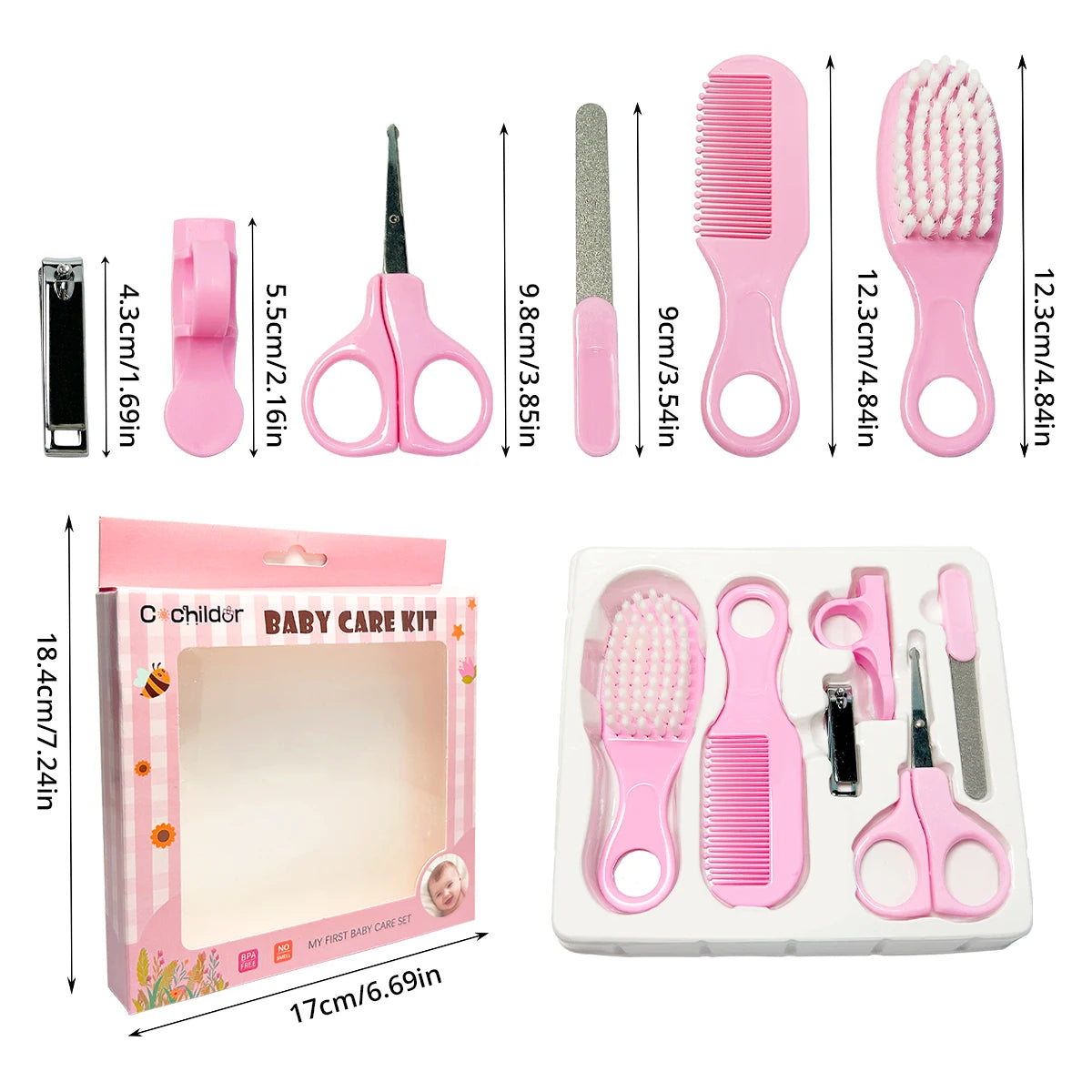 Baby Hygiene Care Set 6Pcs, Hair Tools & Nail Clipper, Plastic Grooming Kit, Great Gift for Kids