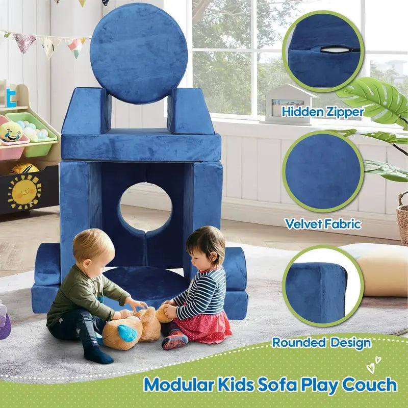 14 pcs Kids Modular Play Couch, Convertible Foam Sectional Sofa for Toddlers, DIY Creative Playroom Furniture in Blue Color -