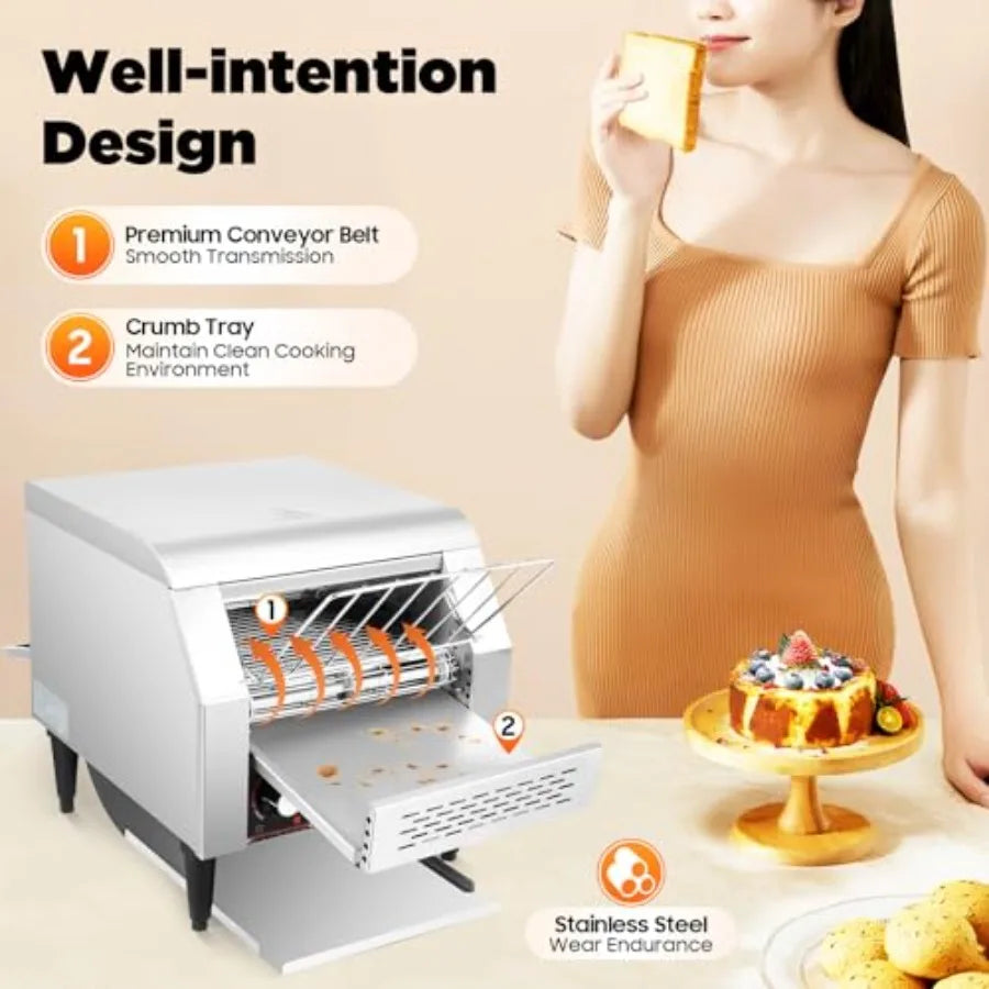 300 Slices/Hour Commercial Conveyor Toaster 2200W Powerful Stainless Steel Heavy-Duty Industrial Electric Toaster with Double H