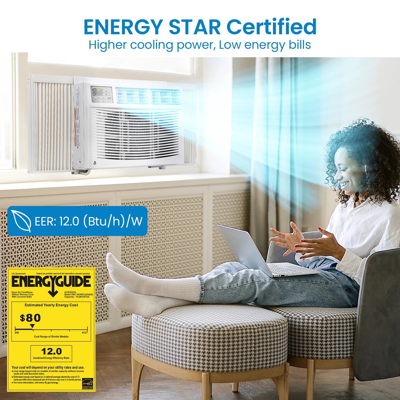 10,000 BTU Window Air Conditioner, Air Conditioners Window-Mounted Room Fast Cooling for 450 Sq.Ft. Indoor Window AC Unit for Summer, Auto-Restart, 3 Cooling & Fan Speeds