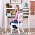 Kids Media Desk and Chair Set - White: Kids Writing Desk with Hutch and Storage Shelves, Computer Workstation with Corkboard, Wo