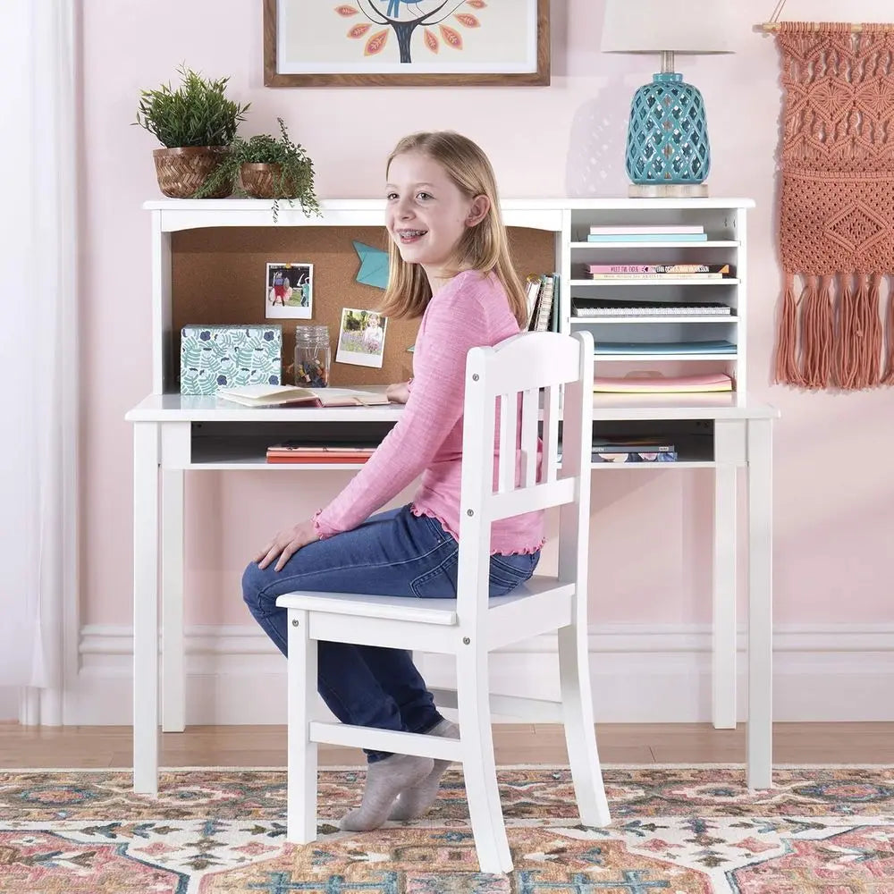 Kids Media Desk and Chair Set - White: Kids Writing Desk with Hutch and Storage Shelves, Computer Workstation with Corkboard, Wo