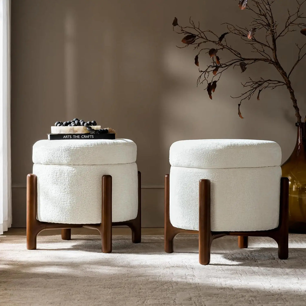 Storage Ottoman Coffee Tables Set of 2 with Solid Wood Base, Modern Round Ottomans with Storage, Chenille, Customized
