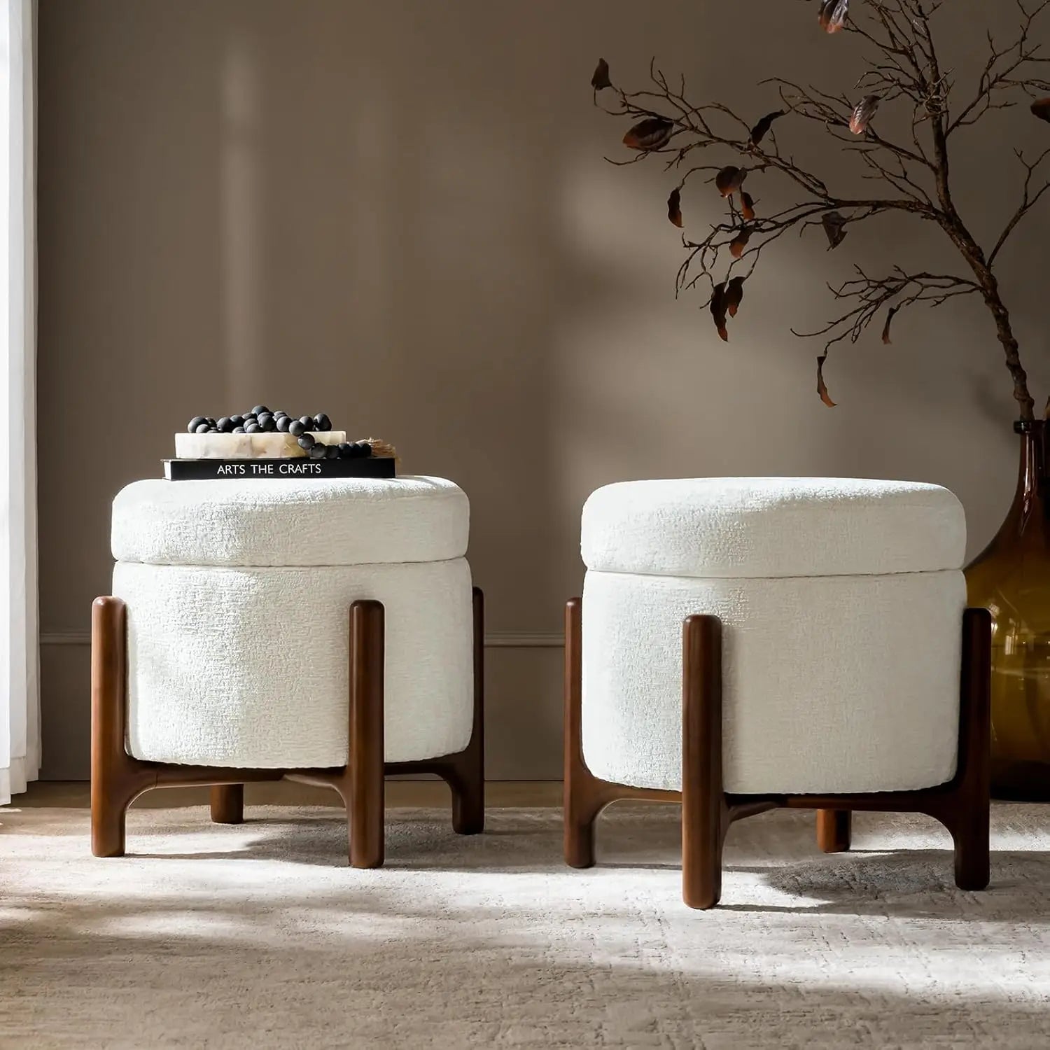 Storage Ottoman Coffee Tables Set of 2 with Solid Wood Base, Modern Round Ottomans with Storage, Chenille, Customized