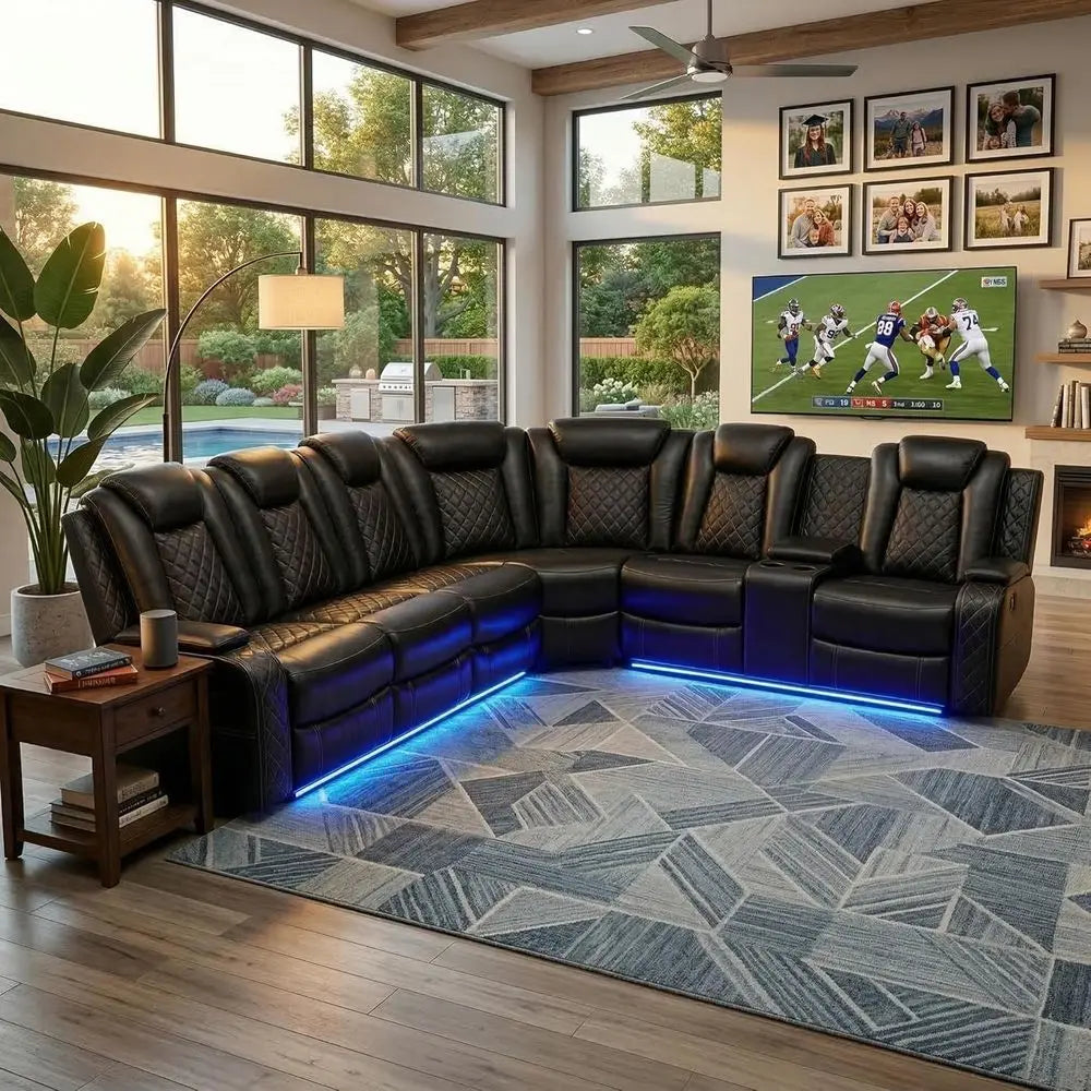 6-Seater Black Curved Leather Sectional Sofa Set with LED Lights, Cup Holders & Storage for Home Theater