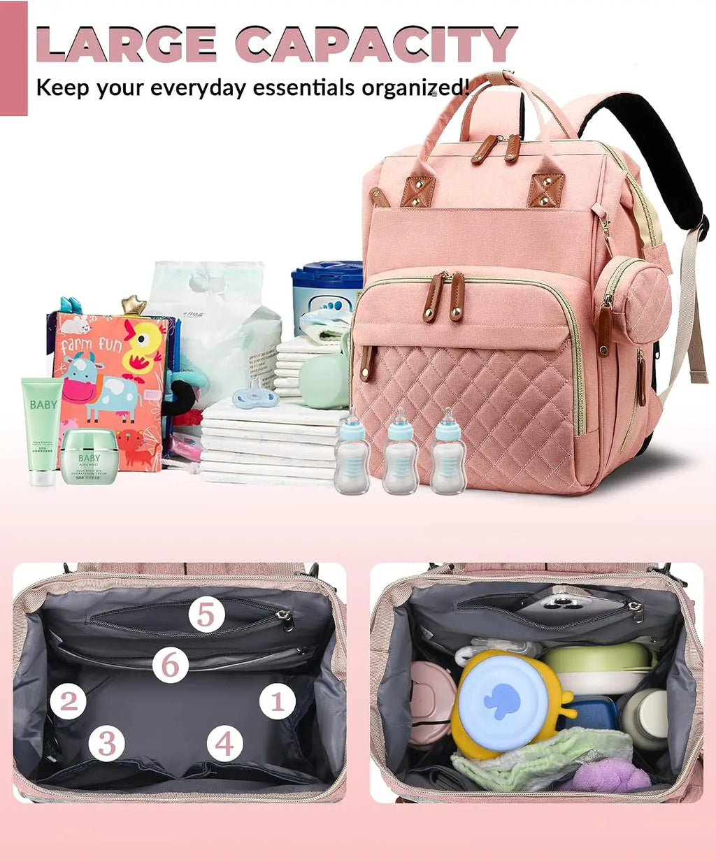 3 In 1 Waterproof Diaper Backpack With Foldable Changing Pad Large Capacity Mommy Nappy Bag Stroller Hanging Organizer Portable Outdoor Camping Hiking Road Trip Travel Baby Essentials Storage Backpack Peach Pink