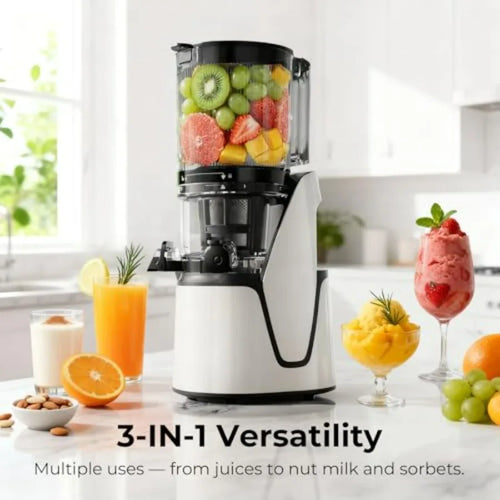 3-in-1 Cold Press Juicer with 6.5 Extra Large Chute 100oz Large Ccity AC Motor Makes Juice Nut Milk Sorbet Bright White