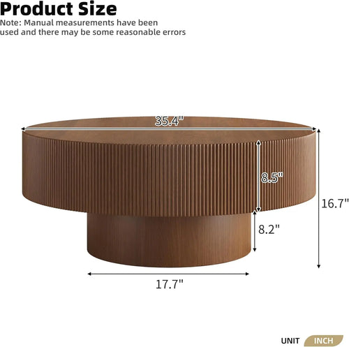 35.4 Inch Round Large Coffee Table with Sturdy Base, Wood Minimalist Fluted Center Table for Living Room Reception Room, Easy Assemble, Walnut