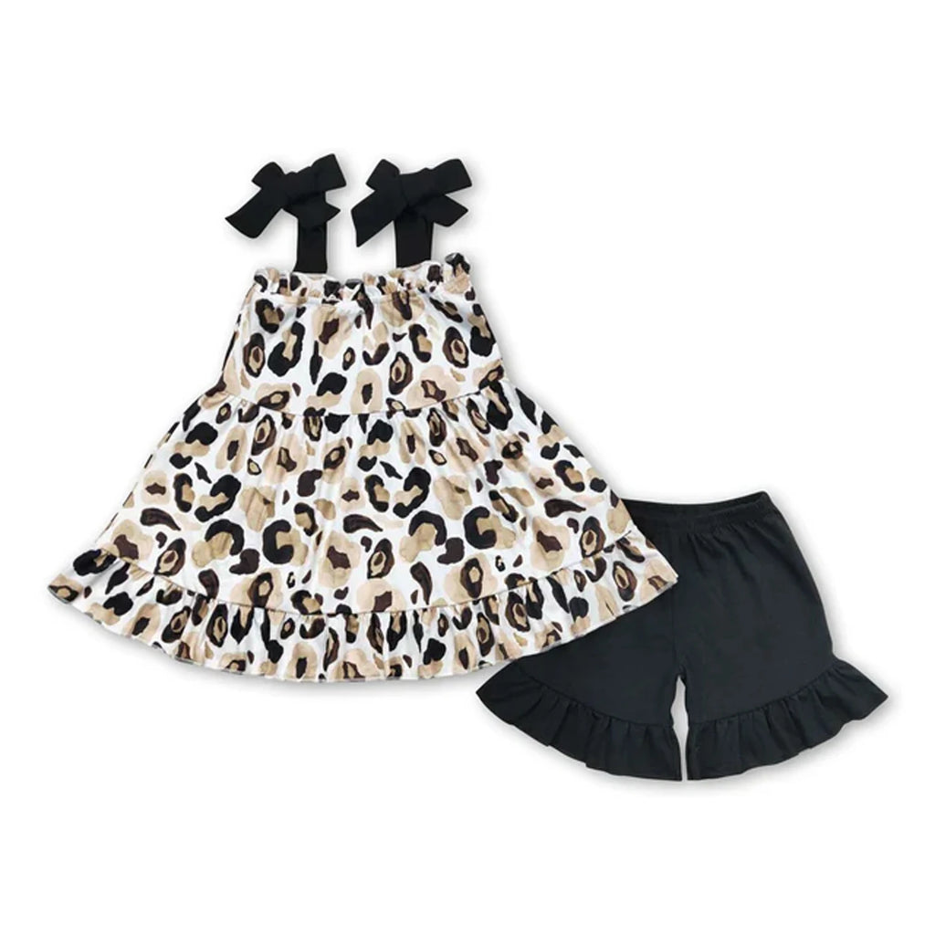 Toddler Girl 2 Piece Summer Outfits Plaid Strawberry Leopard Print Sling Top Ruffle Shorts Kids Matching Clothes