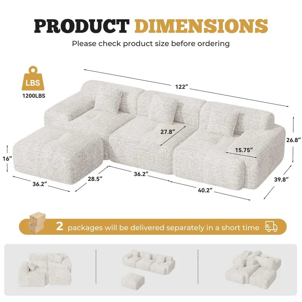 Modern L Shaped Modular Sectional Sofa, Boneless Couches for Living Room with Ottoman,4 Seater Convertible Chenille Cloud Couch