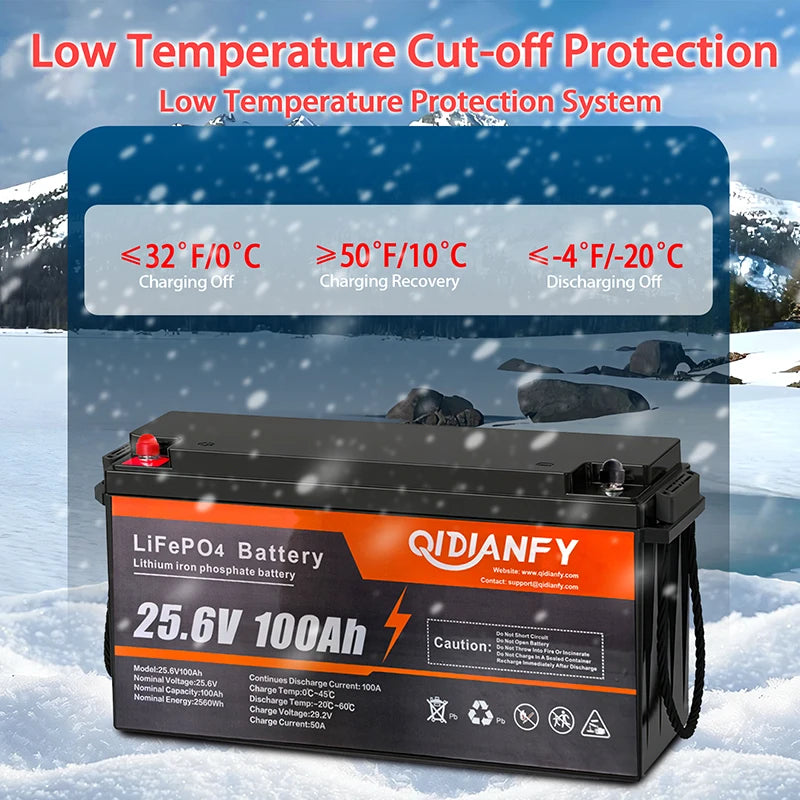 Qidianfy 24V 100Ah LiFePO4 Lithium Battery with 100A BMS 2560Wh Power for Solar Off-grid Home Backup Energy Storage RV Fishing