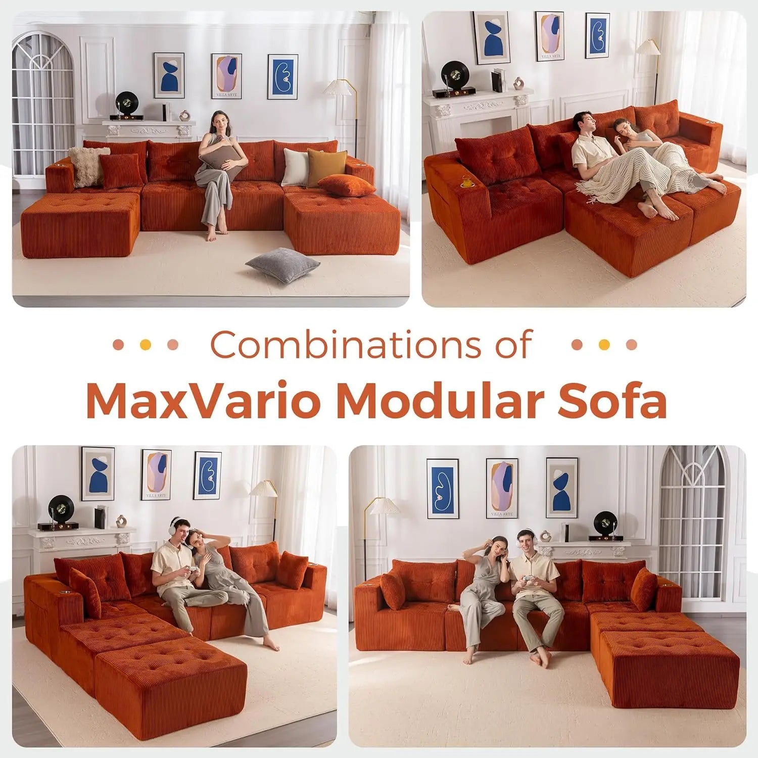 129.5" U Shaped Modular Sectional Sofa with 2 Ottomans Tufted Cloud 6 Seat Sleeper for Living Room Orange Customized