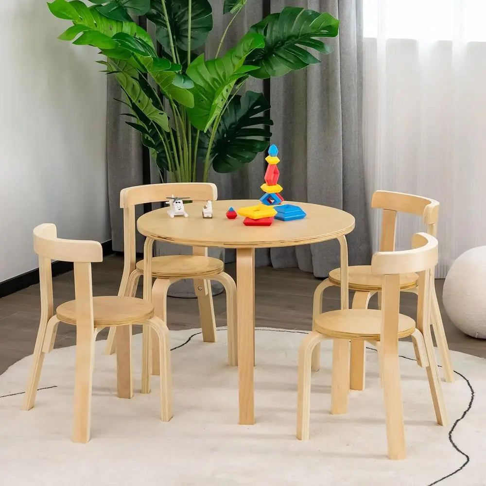 Kids Table and Chair Set, 5-Piece Wooden Activity Desk Set w/Toy Bricks, Classroom Playroom Daycare Furniture for Playing, Drawi