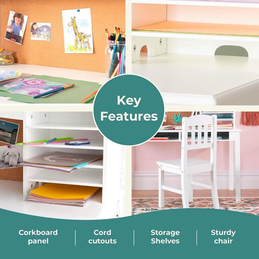 Kids Media Desk and Chair Set - White: Kids Writing Desk with Hutch and Storage Shelves, Computer Workstation with Corkboard, Wo