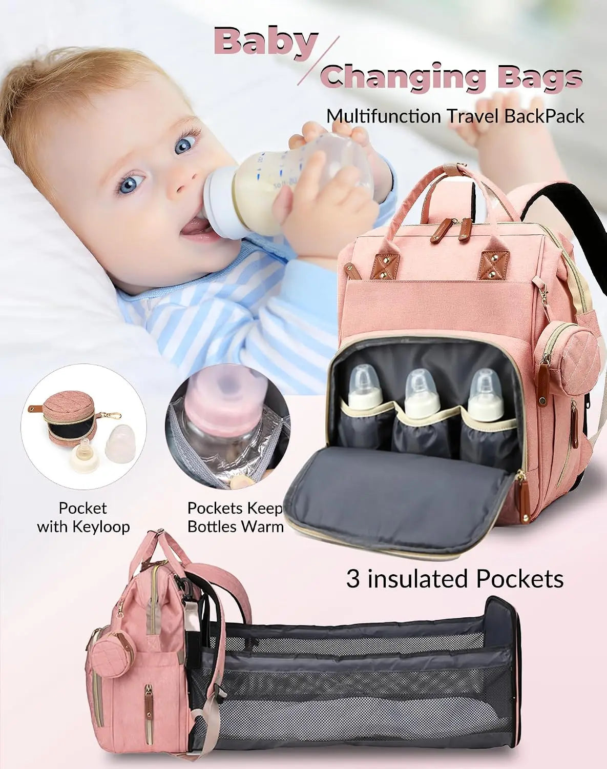 3 In 1 Waterproof Diaper Backpack With Foldable Changing Pad Large Capacity Mommy Nappy Bag Stroller Hanging Organizer Portable Outdoor Camping Hiking Road Trip Travel Baby Essentials Storage Backpack Peach Pink