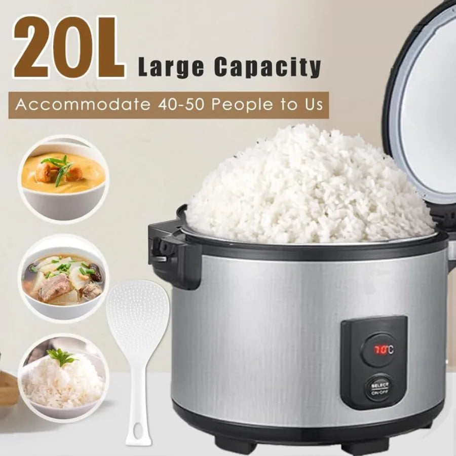Commercial 20L Portable Food Warmer for Rice and Meals 55 Raw/110 Cup Capacity 130W Non-stick Inner Pot Adjustable Temperature