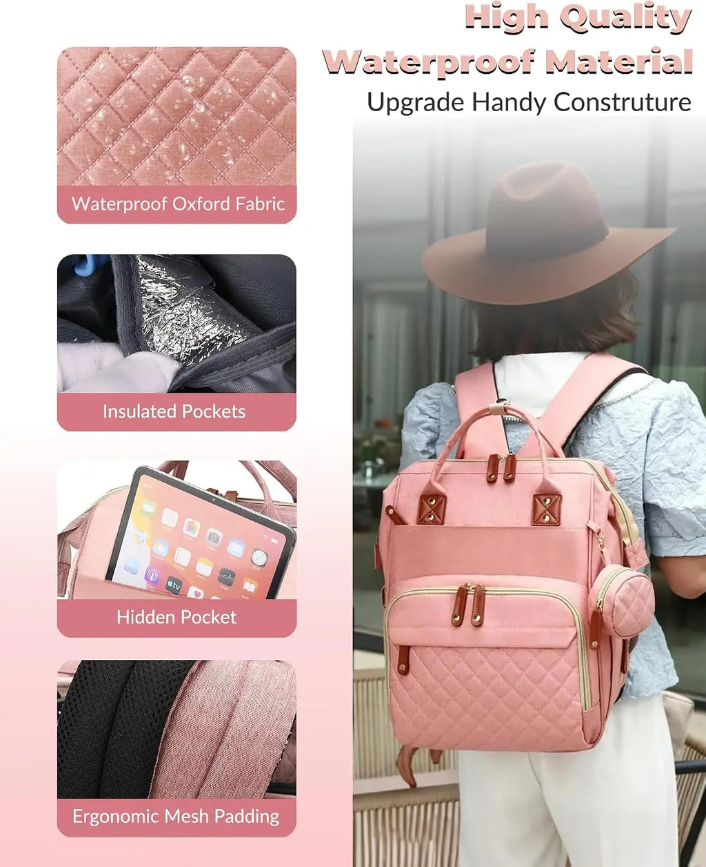 3 In 1 Waterproof Diaper Backpack With Foldable Changing Pad Large Capacity Mommy Nappy Bag Stroller Hanging Organizer Portable Outdoor Camping Hiking Road Trip Travel Baby Essentials Storage Backpack Peach Pink