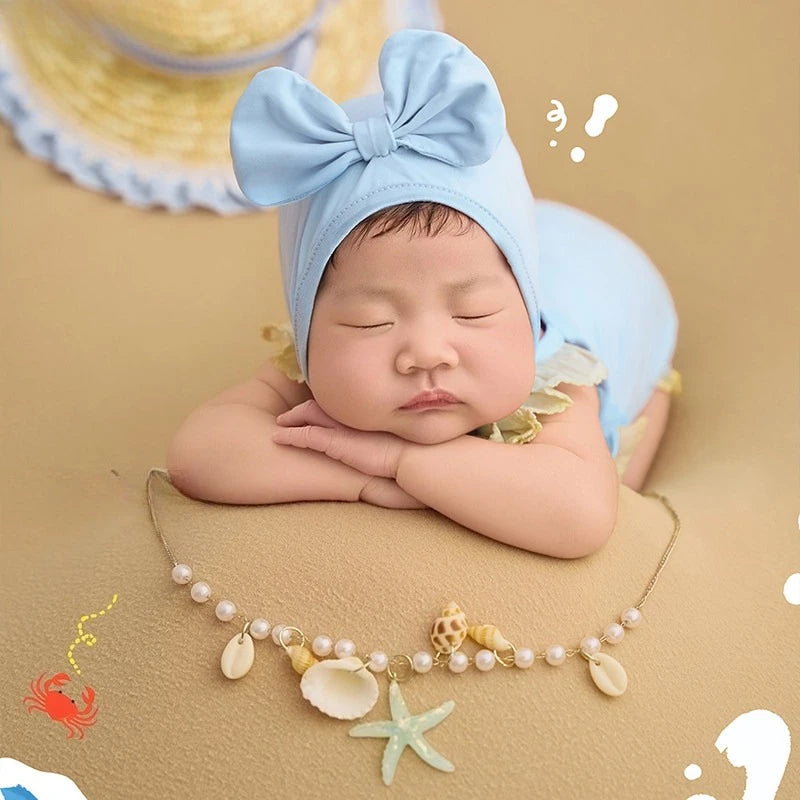 Newborn Photography Props Summer Swimsuit with Headband Beach Theme Set Decors Backdrop for Studio Photoshoot Photo Clothing