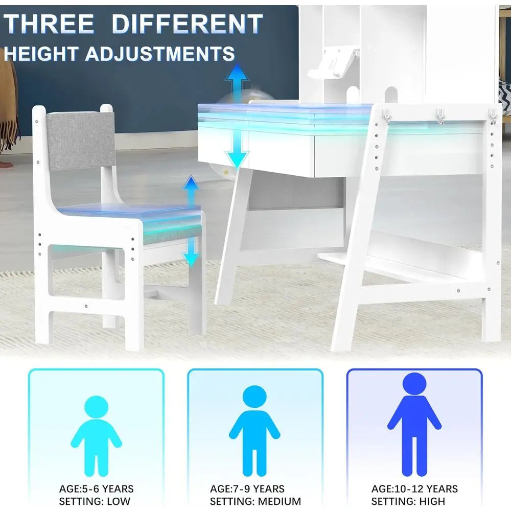 Kids Study Desk and Chair Set, Adjustable Children Study Table with Chair, Kids Wooden Desk with Hutch, Ders, Book Stand, Whiteb