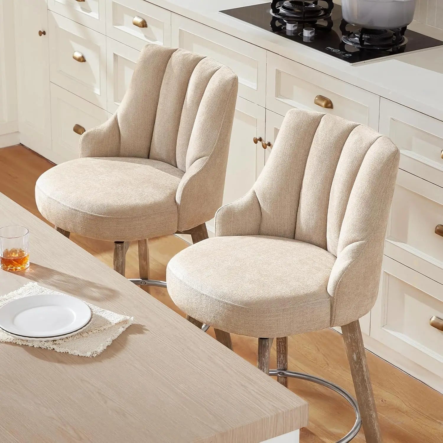 Swivel Counter Height Bar Stools,Barstools with Backs,Sand-Colored Bar Stools Set of 2,26'' Solid Wood Legs, Customized