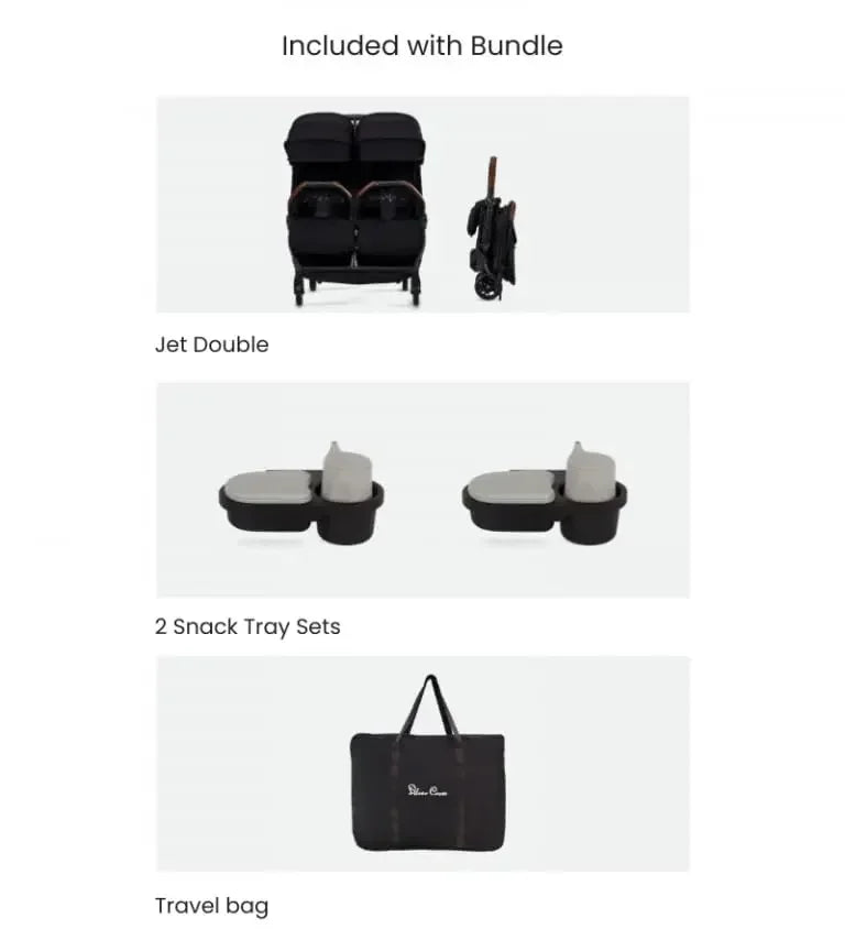 Black Silver Cross Jet Double Stroller Bundle with Travel Bag and Snack Tray for Twins - Lightweight Compact Foldable Design