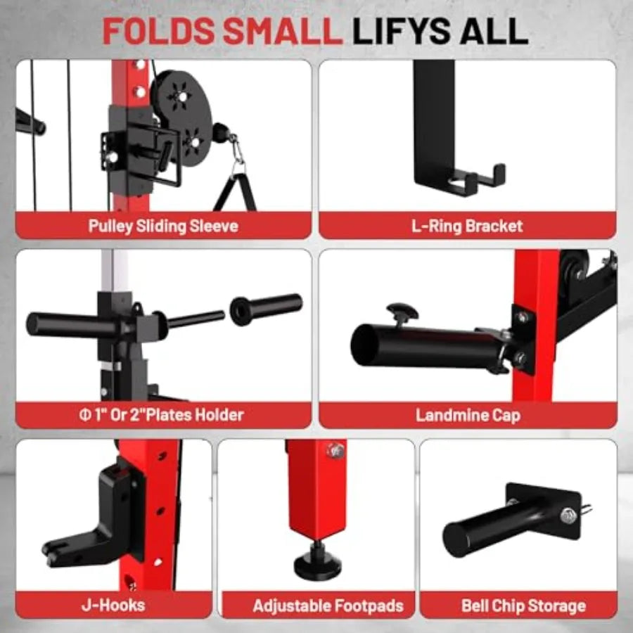 Wall Mounted Folding Squat Rack with Pulley System Pull Up Bar Red Compact Fitness Equipment for Small Spaces Garage rtment 5 A