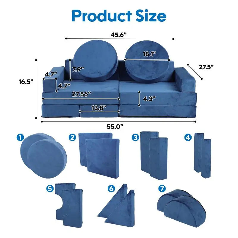 14 pcs Kids Modular Play Couch, Convertible Foam Sectional Sofa for Toddlers, DIY Creative Playroom Furniture in Blue Color -