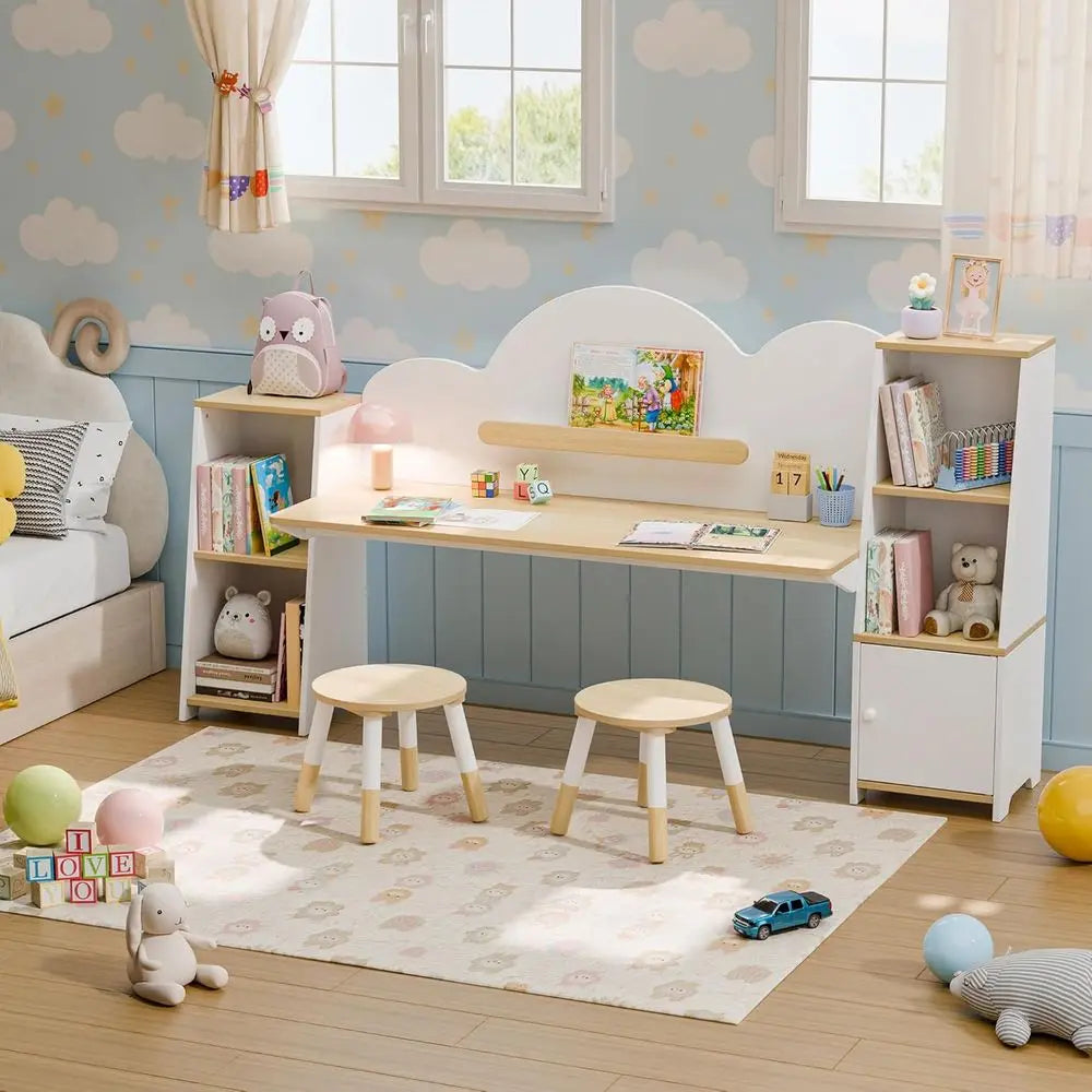 Kids Desk with Storage and 2 Stools, Wooden Children Study Desk and Chair Set with 5 Bookshelves & Cabi, Montori Cloud-Style Art