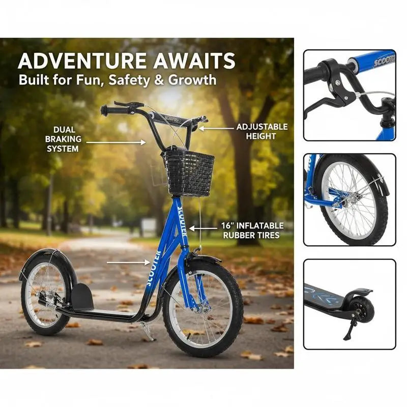 Children's scooter with brake, including basket, height adjustable, for children 5-12 years old, blue+black