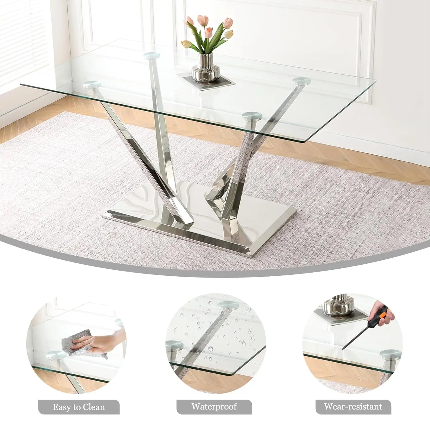 63'' Rectangular Glass Dining Table for 4-6, Luxury Kitchen Table with Tempered Glass and Aesthetic Silver, Customized