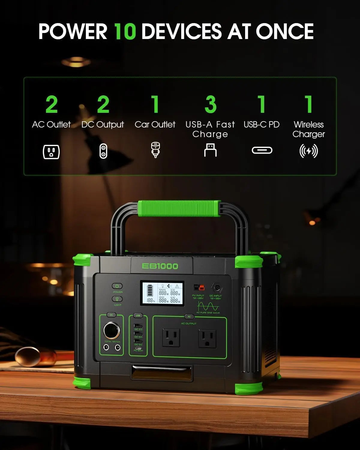 1000W Portable Power Station 999Wh, 120V Pure Sine Wave AC Outlet (2000W Peak), 60W PD USB-C & 10 Ports, Solar Generator for Hom