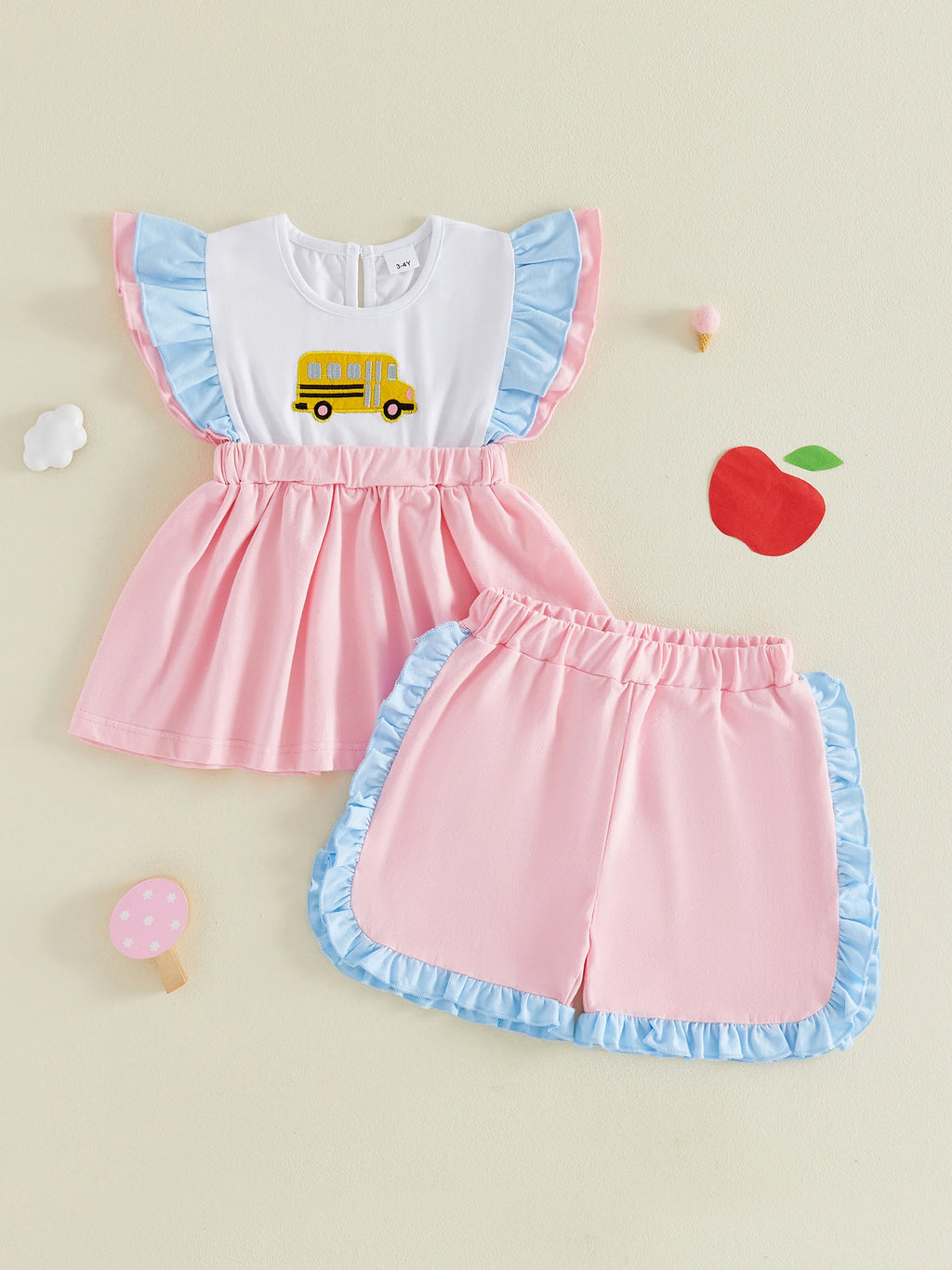 Girls Back To School Outfits School Bus Applique Flutter Sleeve Babydoll Top and Ruffled Shorts 2 Piece Summer Set - Adorable