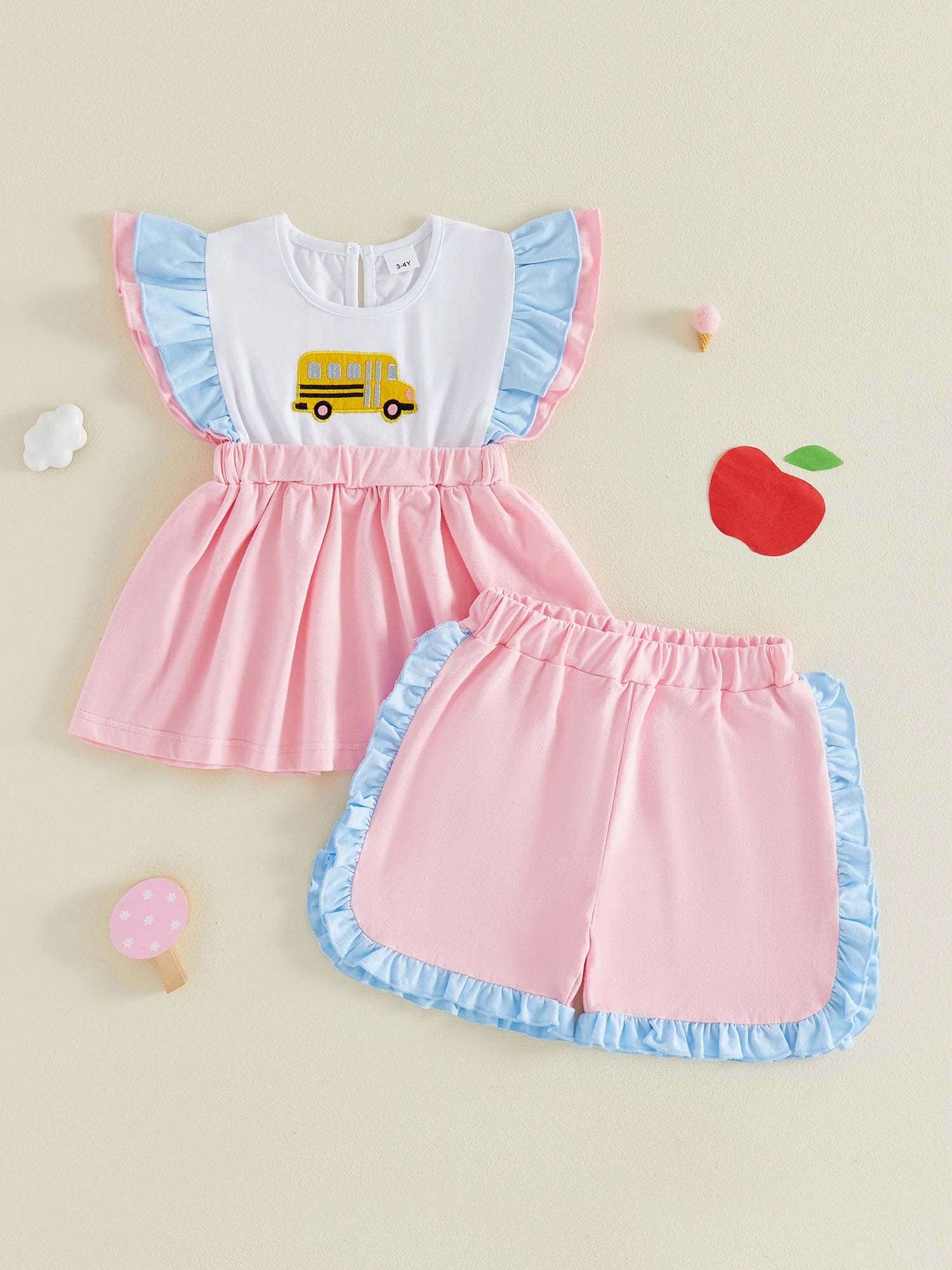 Girls Back To School Outfits School Bus Applique Flutter Sleeve Babydoll Top and Ruffled Shorts 2 Piece Summer Set - Adorable