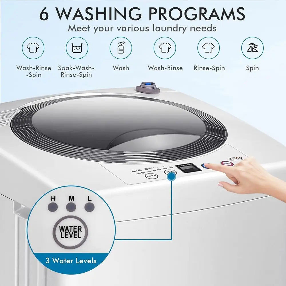 Compact 8-Pound Capacity Full-Auto Washer with 6 Cycles, LED Display, 3 Water Levels, Ideal for Home, Apartment, Dorm, and RVs
