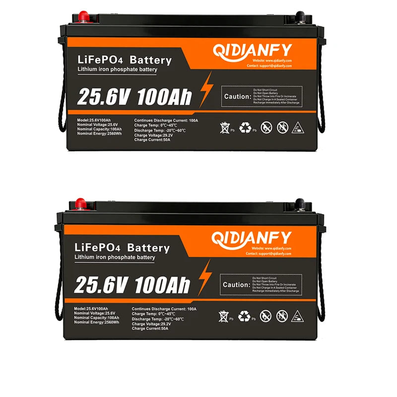 Qidianfy 24V 100Ah LiFePO4 Lithium Battery with 100A BMS 2560Wh Power for Solar Off-grid Home Backup Energy Storage RV Fishing