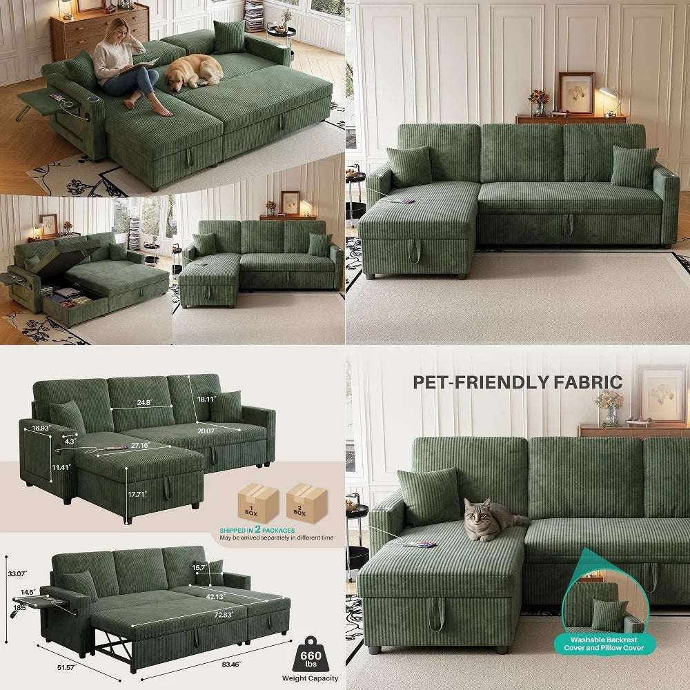 Sectional Sofa, 83 Convertible Sofa Bed with Pull Out Couches, Small Desktop, L Shaped Couch with Reversible Chaise, Cup Holder