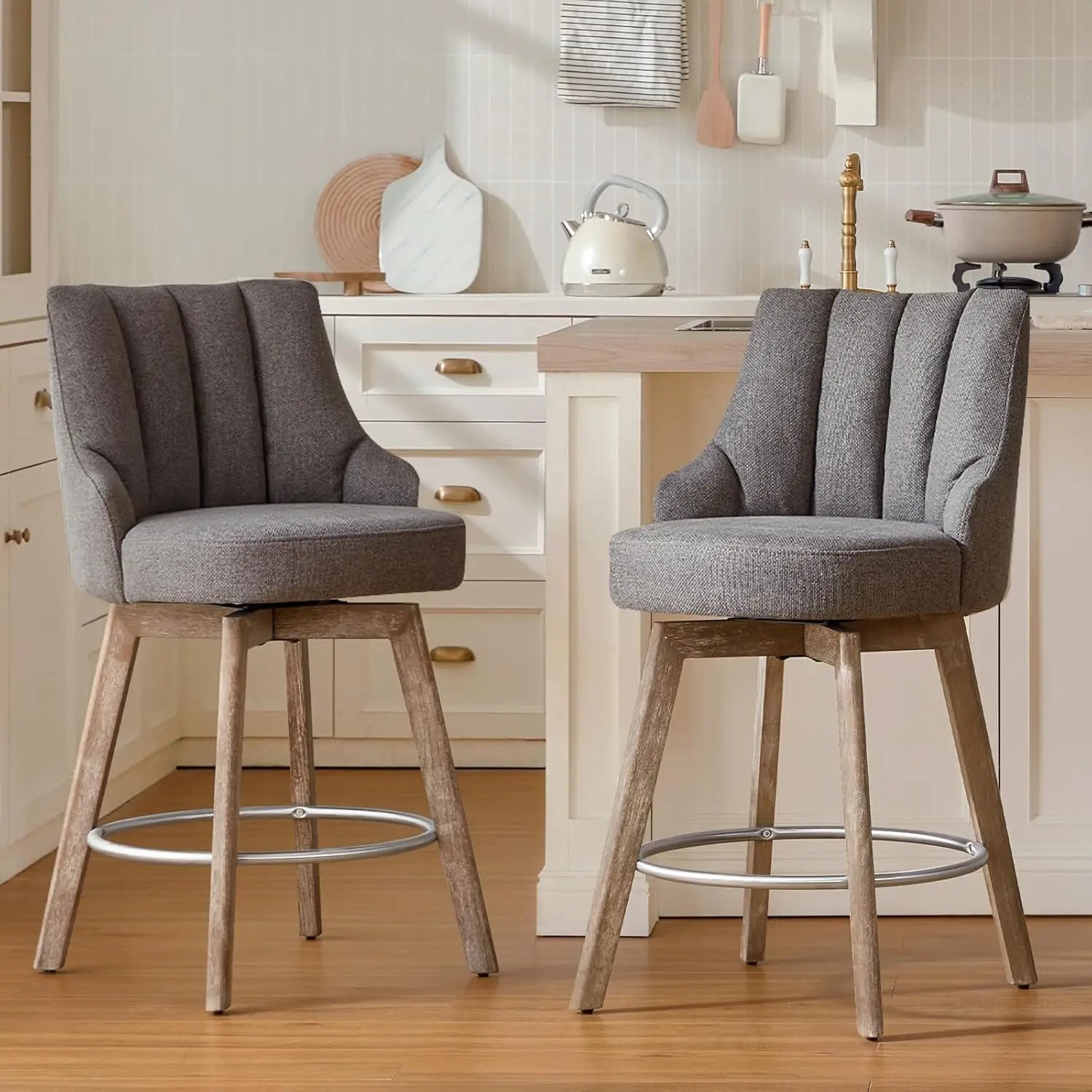 Swivel Counter Height Bar Stools,Barstools with Backs,Sand-Colored Bar Stools Set of 2,26'' Solid Wood Legs, Customized