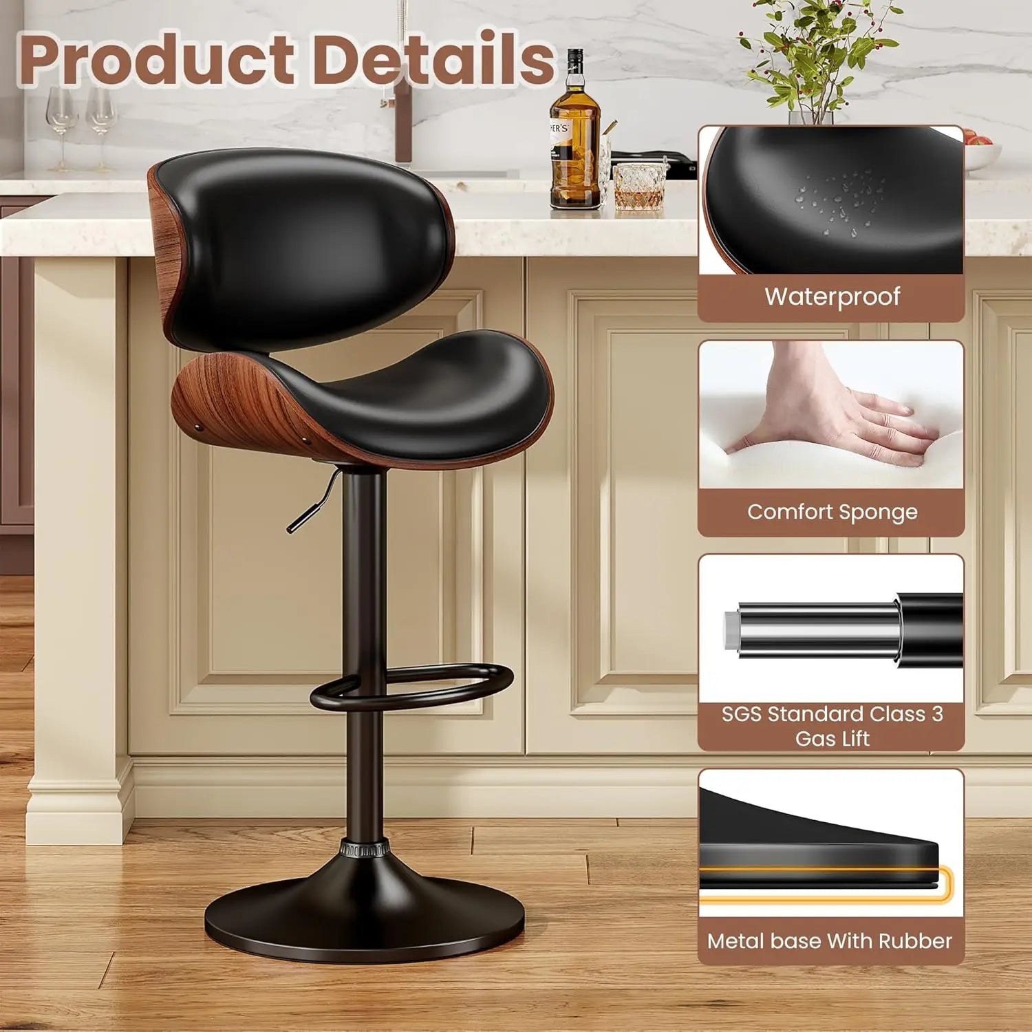 Adjustable Height Swivel Bar Stool PU Leather Upholstered with Back Footrest for Bar Kitchen Dining Room Set of 3, Customized