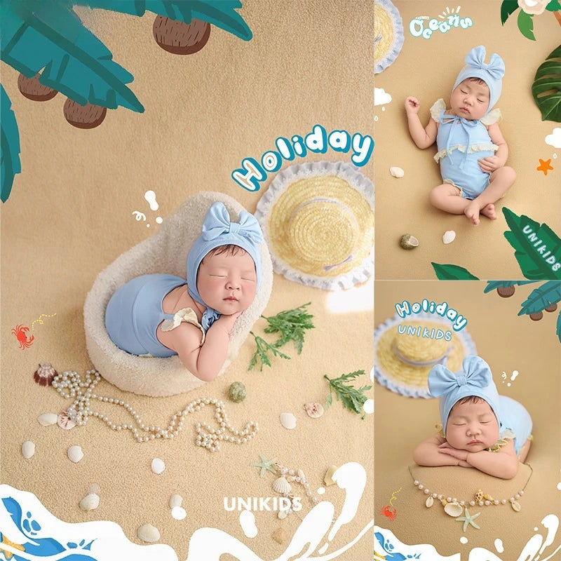 Newborn Photography Props Summer Swimsuit with Headband Beach Theme Set Decors Backdrop for Studio Photoshoot Photo Clothing