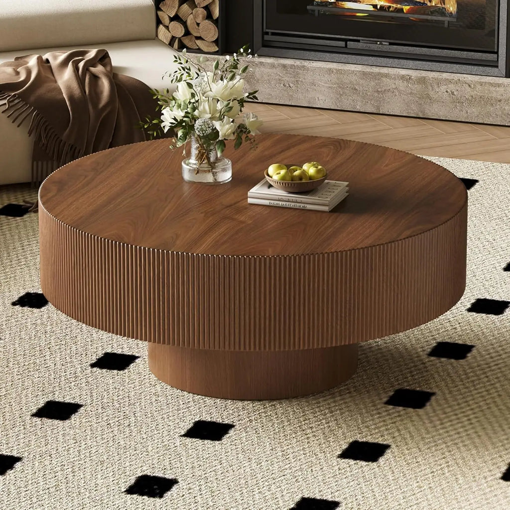 35.4 Inch Round Large Coffee Table with Sturdy Base, Wood Minimalist Fluted Center Table for Living Room Reception Room, Easy Assemble, Walnut