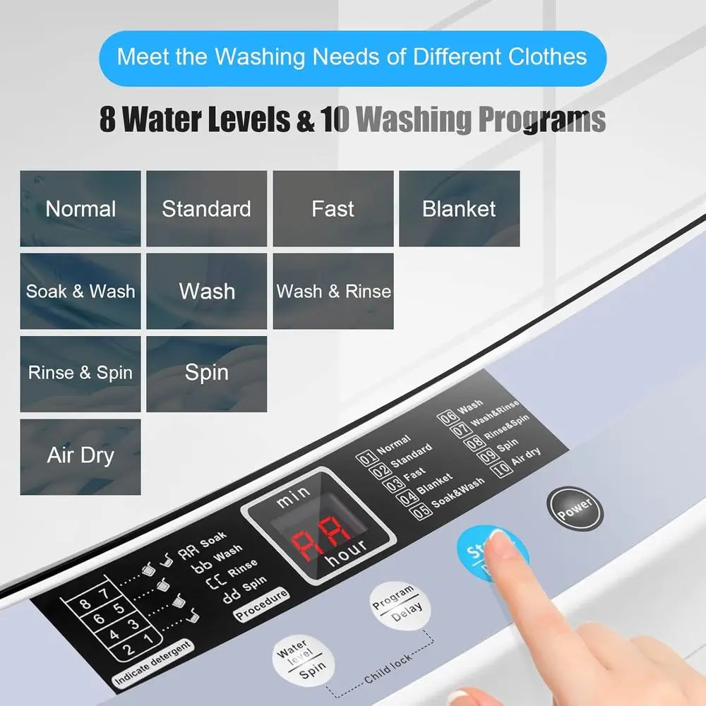 Compact 12-lb Capacity Full-Auto Washer with 10 Programs, LED Display, 8 Water Levels, Laundry Combo for Home, Apartment, Dorm,