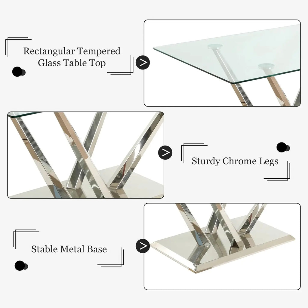 63'' Rectangular Glass Dining Table for 4-6, Luxury Kitchen Table with Tempered Glass and Aesthetic Silver, Customized