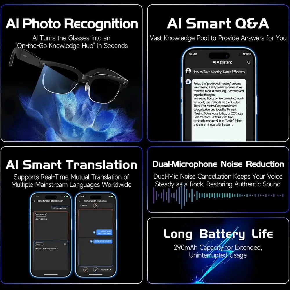 Smart Glasses: 1080P HD, AI Translation, Object Recognition, Bluetooth, Photochromic Lenses, Long Battery Life