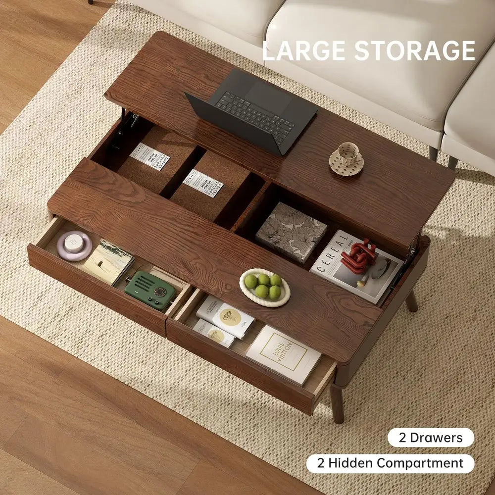 Top Coffee Table, 100 Solid Oak Wood Walnut Coffee Table with Drawers and Hidden Compartments, Rectangular Coffee Tables with S
