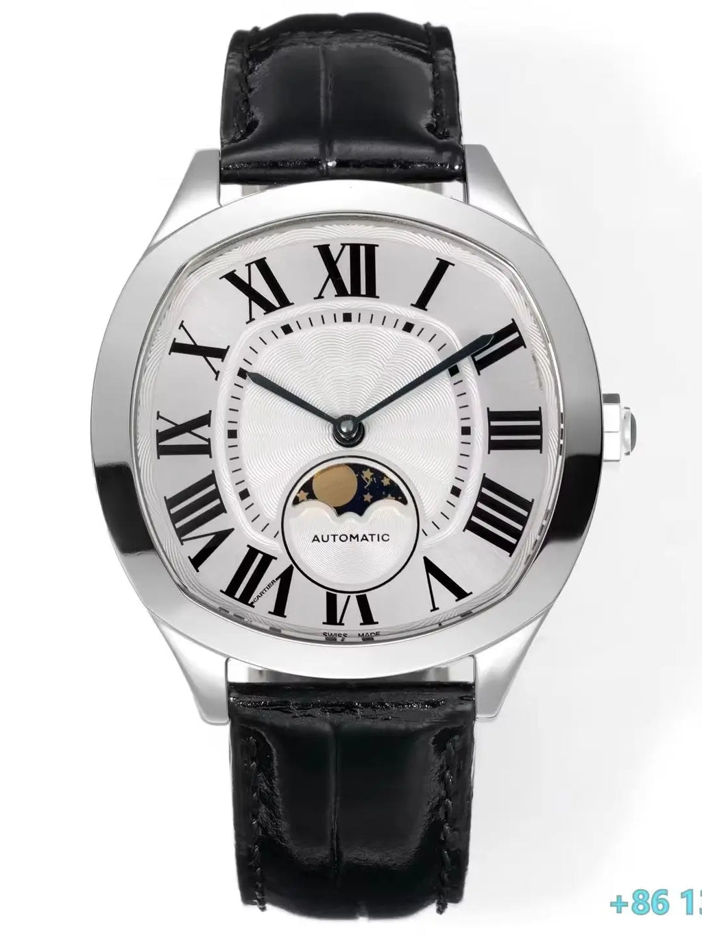 Men Automatic Self-Wind Mechanical Watch Leather Strap Stainless Steel Case Sapphire Crystal Roman Dial Moon Phase Dress Wristwatch