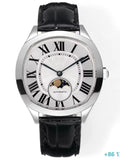 Men Automatic Self-Wind Mechanical Watch Leather Strap Stainless Steel Case Sapphire Crystal Roman Dial Moon Phase Dress Wristwatch