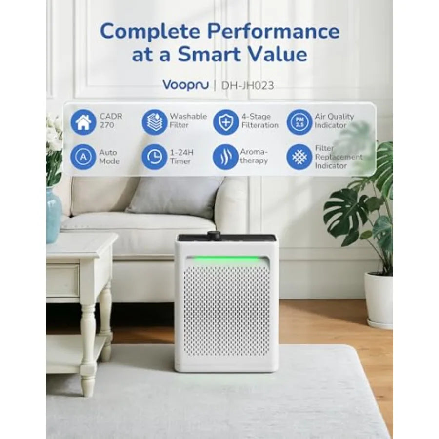 Air Purifier for Home Large Room, CADR 270 Powerful Bedroom Air Cleaner Washable Pre-Filter, High Efficiency Filter, AQI Displa