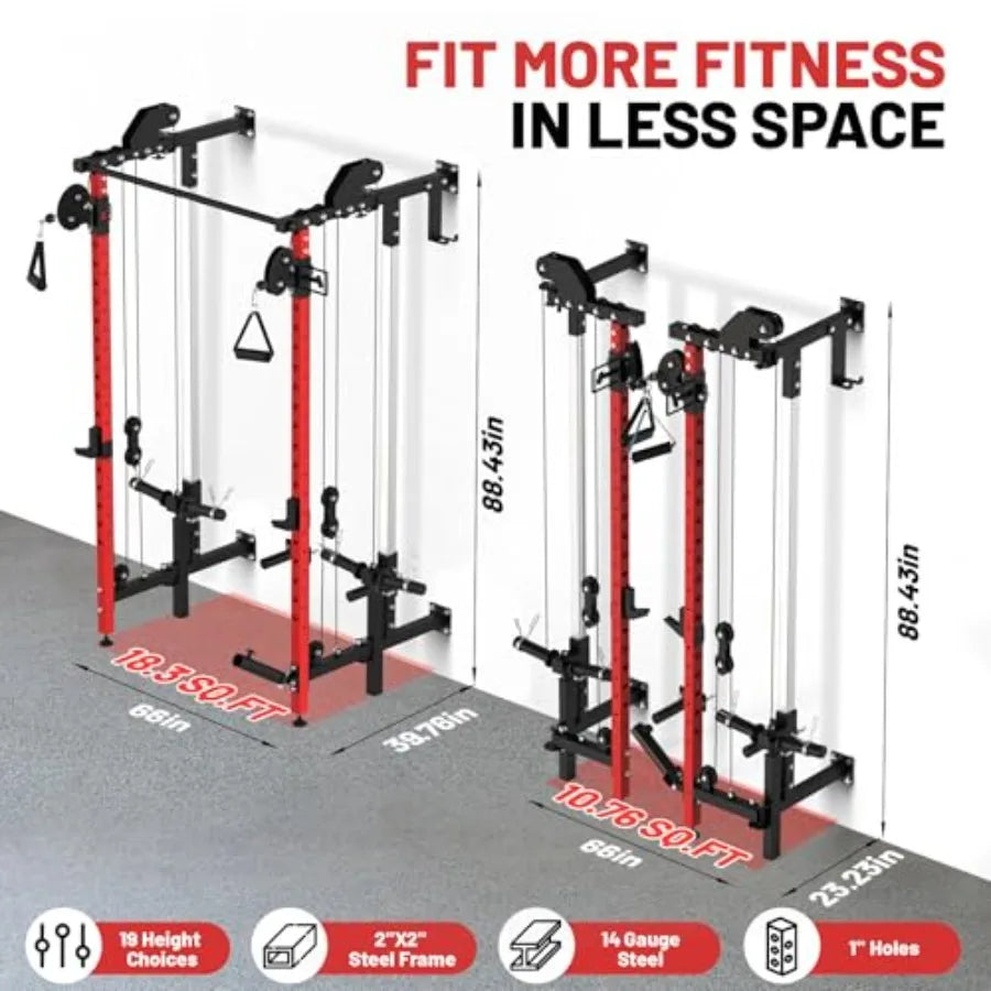Wall Mounted Folding Squat Rack with Pulley System Pull Up Bar Red Compact Fitness Equipment for Small Spaces Garage rtment 5 A